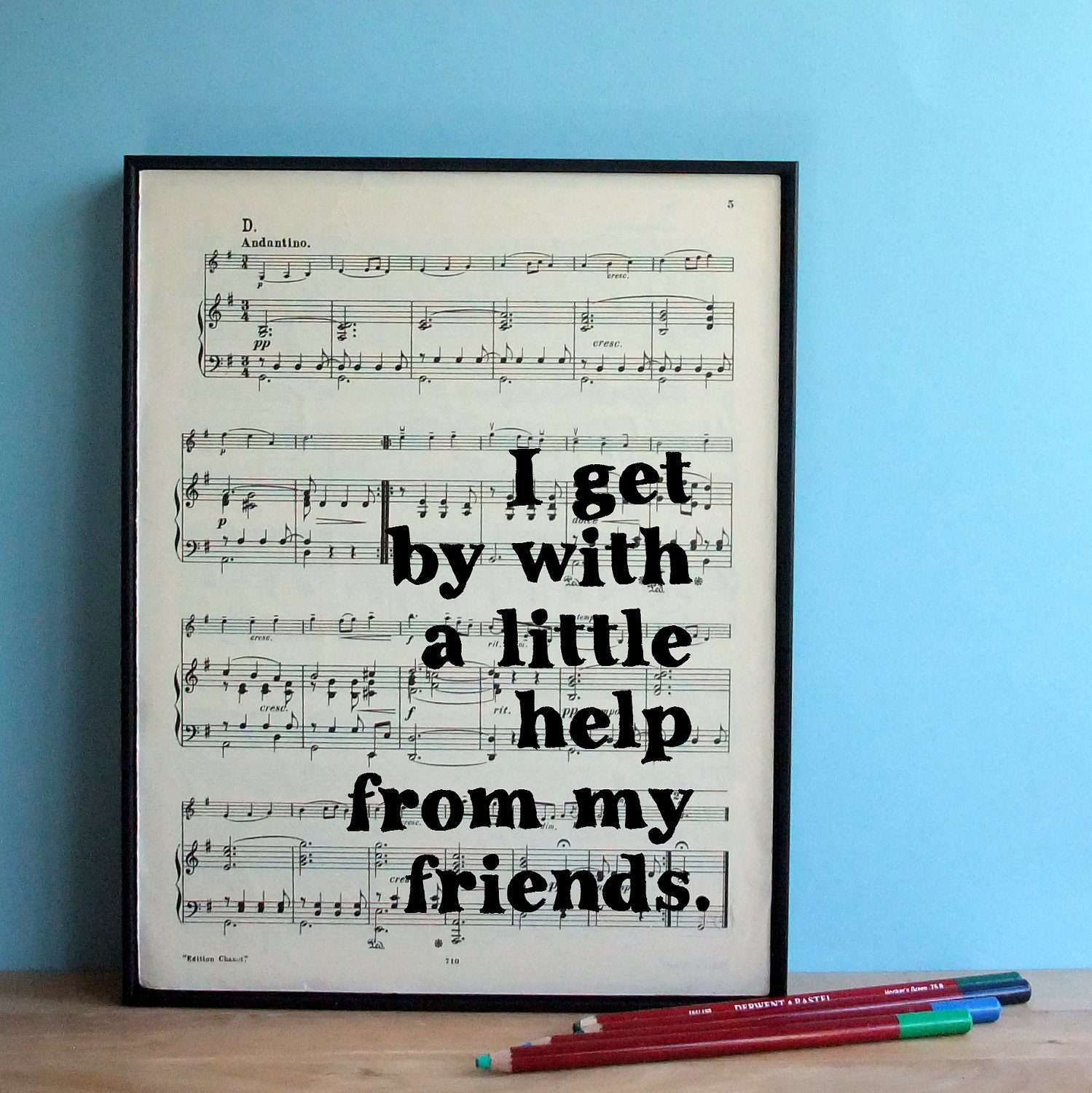 Typographic Beatles Lyrics Art Print on Vintage Sheet Music Friend's Thank You Gift