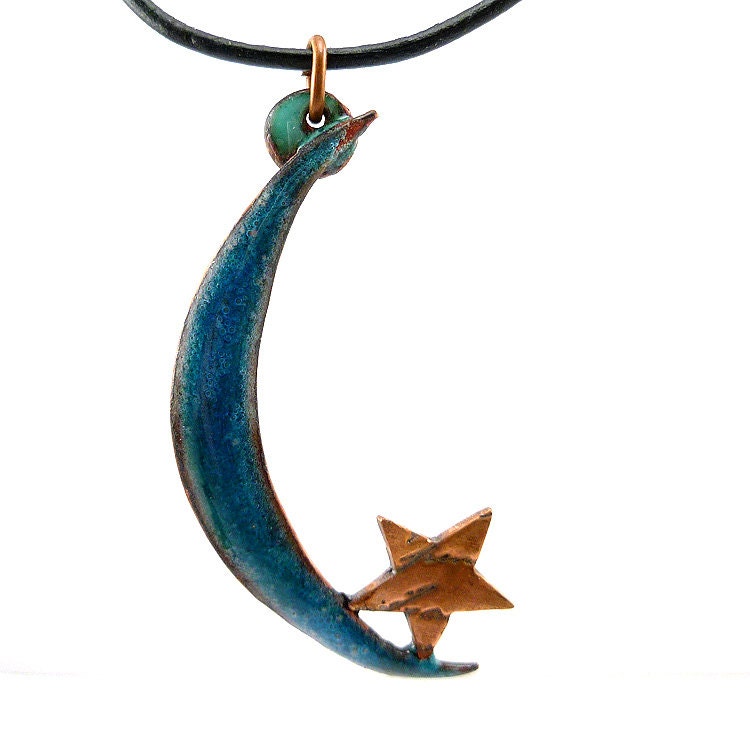Enamel Blue Crescent Moon and Star Necklace