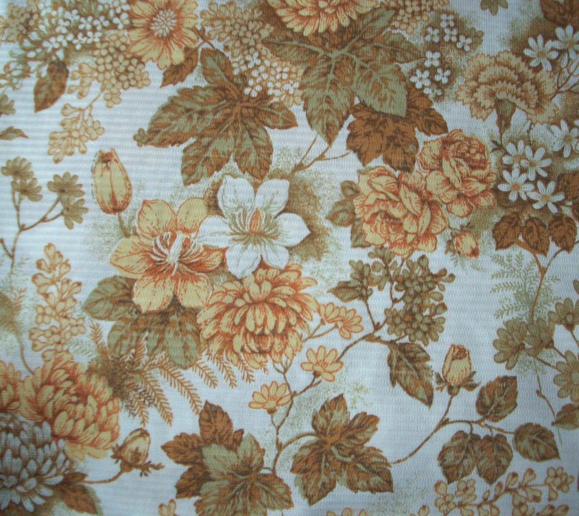 Vintage 70s Fabric, Large Piece, Flowers, 79" x 37", Peach Blush and Sepia Material, Mums Leaves & Carnations, Fall Colors, Free Shipping