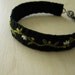 Fabric Bracelet Embroidered Green Vines with White Flowers on Black