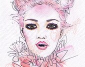 HARLEQUIN art print 12" x 8" original watercolour illustration Beautiful woman with pink cotton candy hair & ruffles