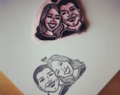 LARGE - Custom Couple Caricature Hand Carved Rubber Stamp - Engagement - Save The Date