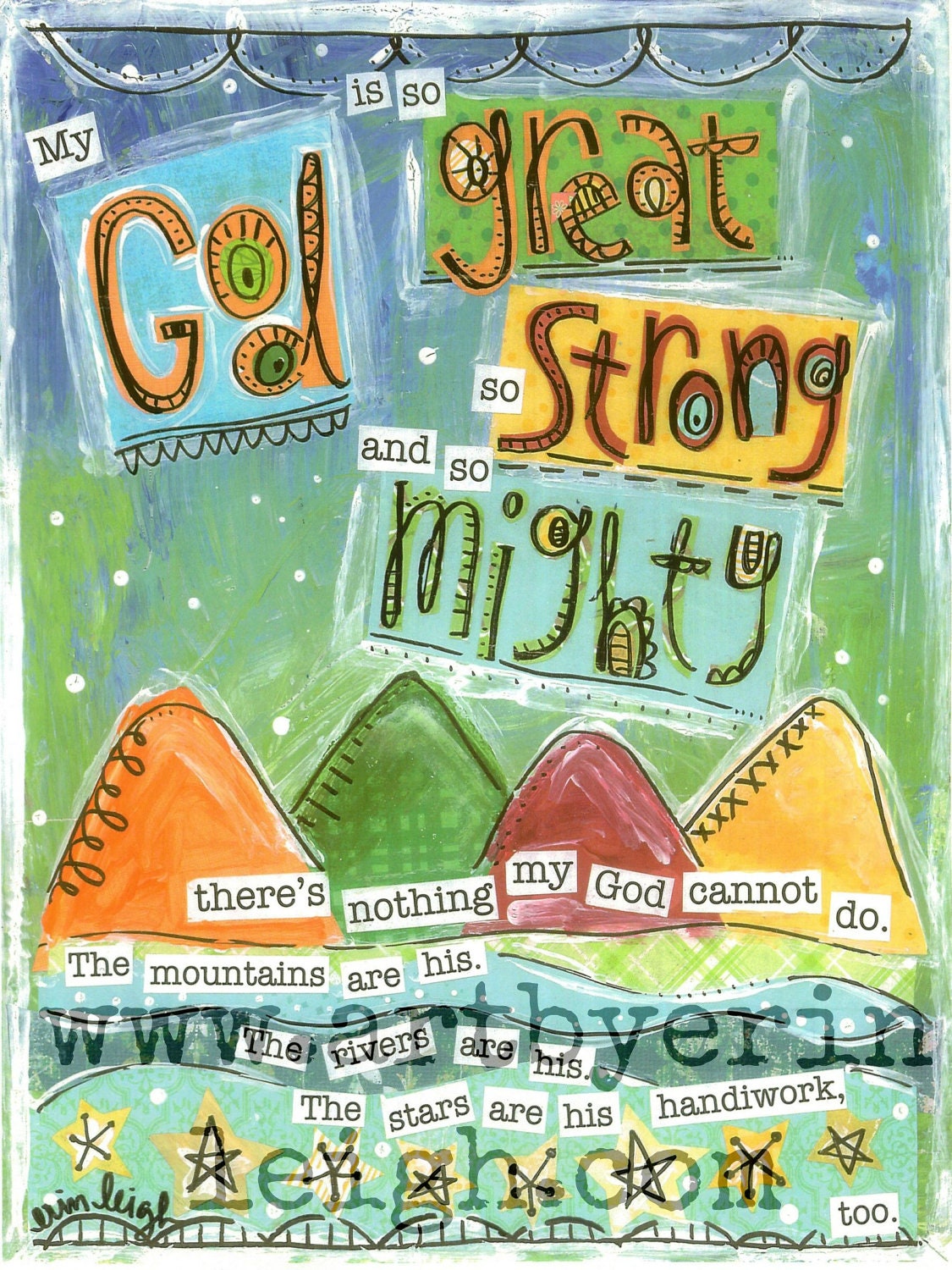 Kids Scripture Art, Sunday School Songs: My God is So Great, 8 x 10 Fine Art Print, Mixed Media Collage