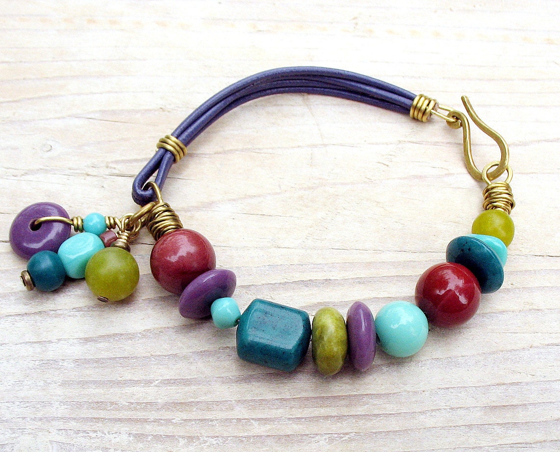 Beaded Leather Bracelet, Rhapsody Purple Chartreuse Teal Turquoise Plum Burgundy, Geometric Beads and Charms