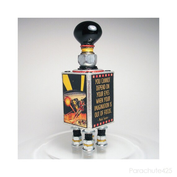 Sci-Fi Imagination Twain, original mixed media assemblage, geekery, recycled, robot, gift for him