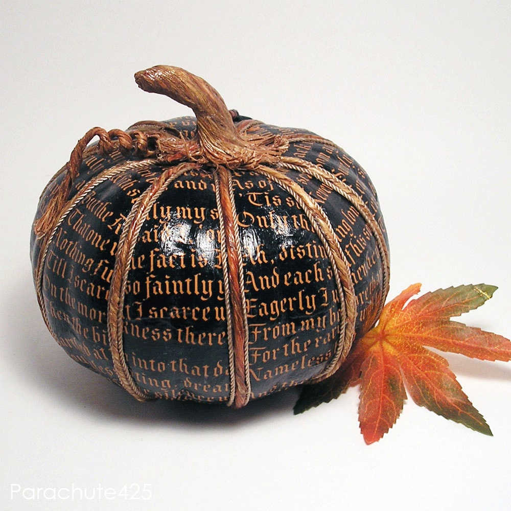 The Raven Pumpkin 122, black decoupage pumpkin, Halloween, Fall decor, noir, macabre, goth