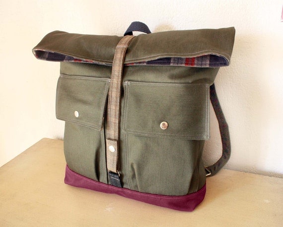 Reserved for tamismolin-----Women Foldover Canvas Backpack Handmade / Military look/ -- Made to Order--Save 10% off w/ Coupon SAVE10
