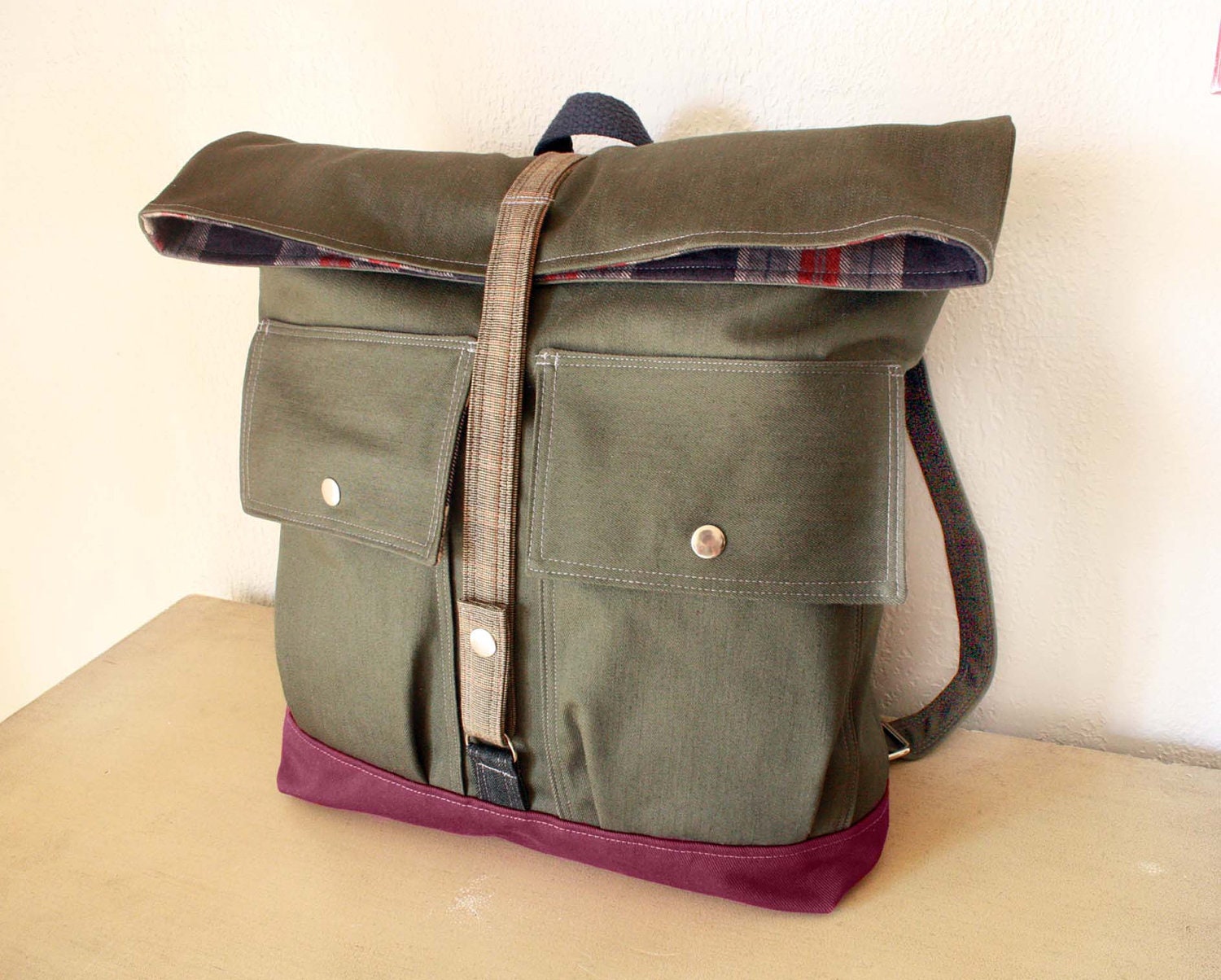 Reserved for tamismolin-----Women Foldover Canvas Backpack Handmade / Military look/ -- Made to Order--Save 10% off w/ Coupon SAVE10