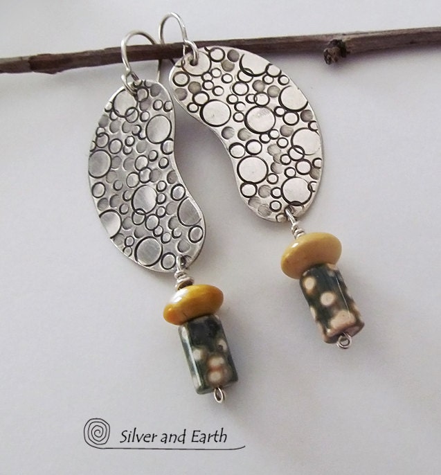Sterling Silver Earrings, Ocean Jasper Earrings, Hand Stamped Earrings, Yellow Green Gemstone Earrings, Unique Handcrafted Silver Jewelry