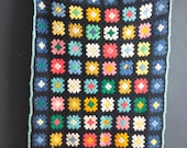 Vintage Crocheted Afghan Blanket Throw Baby Granny Squares In  Blues and Black