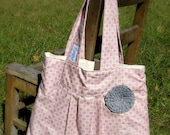 Lilac, purple, lavender Caravan dot pleated purse with gray rosetteg