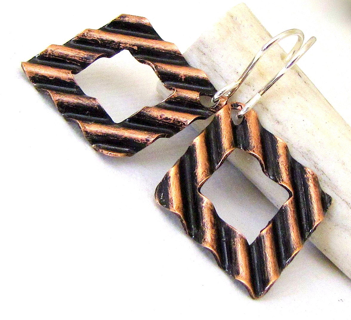 Hammered Copper Earrings Geometric Copper Wave Earrings Copper Square Earrings Mod Modern Earrings - SilverSmack