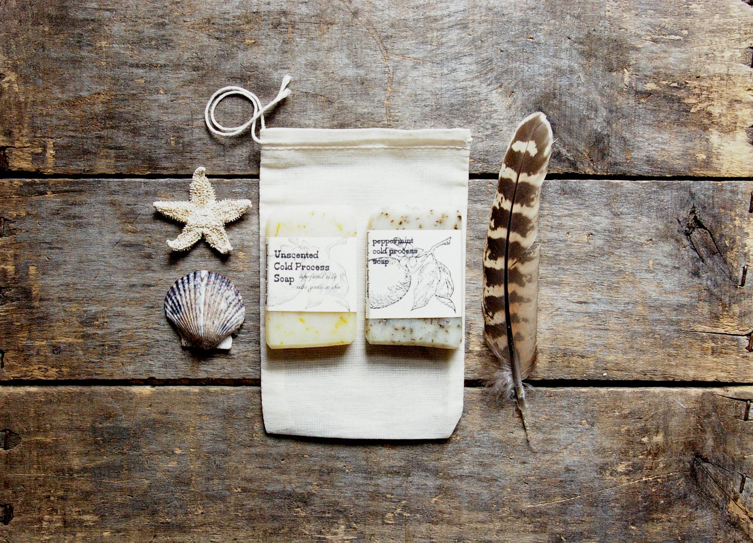 Handmade Soap, Cold Process Soap, two soap samples in a drawstring muslin bag, all natural soap, organic, Homemade Soap, eco friendly gift