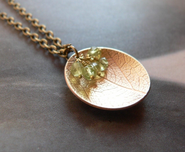 Green peridot leaf pendant, textured brass metalwork necklace, OOAK jewelry