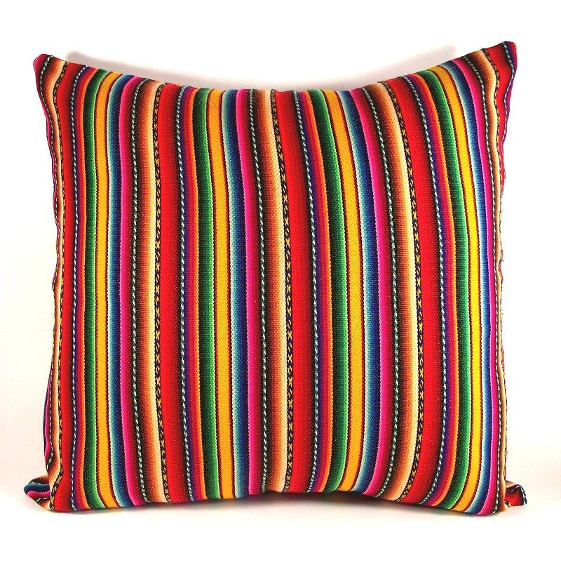 Throw Pillow Cover, Stripes Pillow Case, Handmade 18 x 18 Accent Pillow, Peruvian Wool Fabric, Multicolor