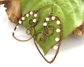Heart earrings pearl wire work antique bronze UK seller