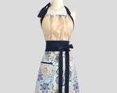 Cute Kitsch Retro Apron / Womens Handmade Full Retro Apron in Taupe Dots Navy Trim Riley Blake Floral with Birds