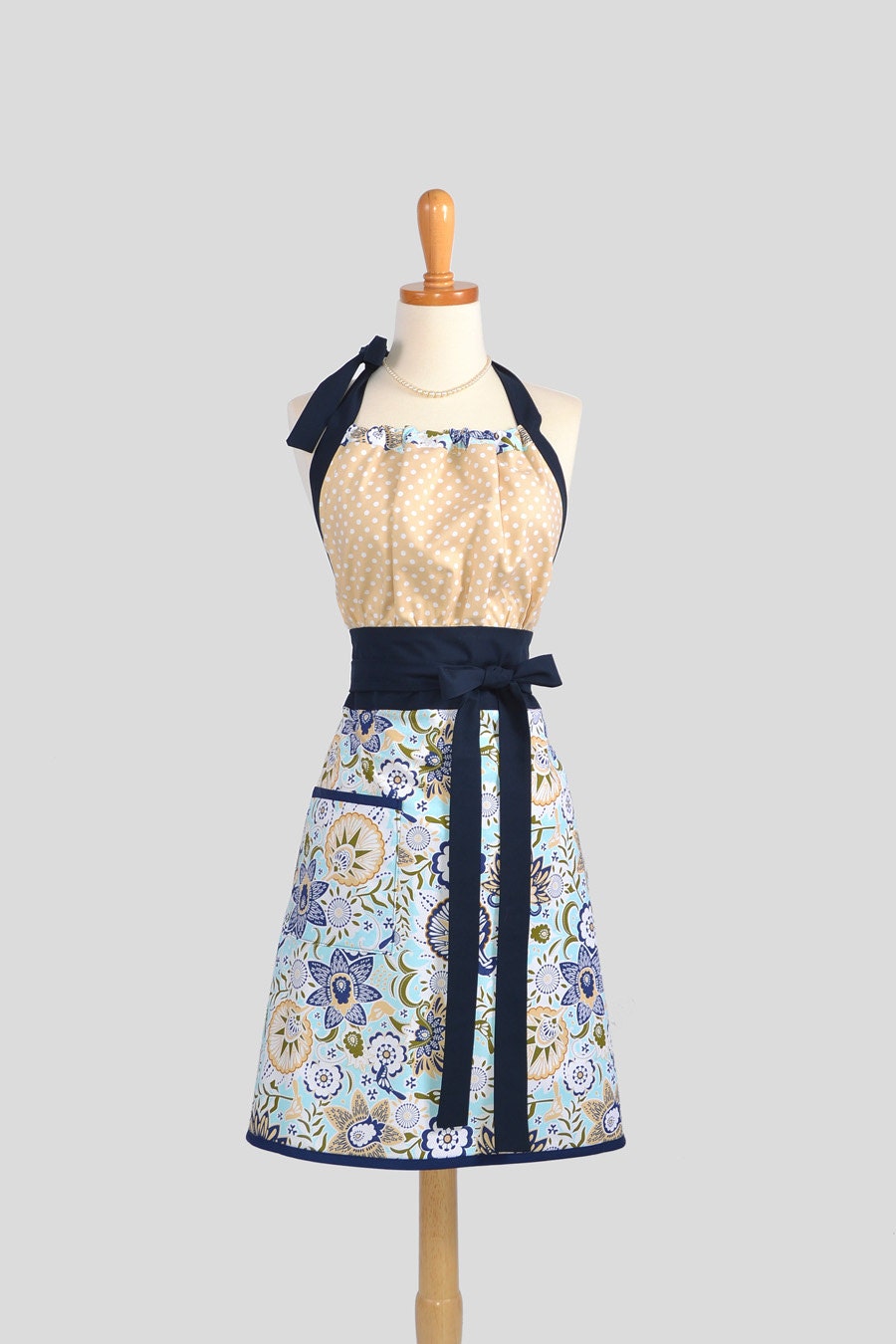 Cute Kitsch Retro Apron / Womens Handmade Full Retro Apron in Taupe Dots Navy Trim Riley Blake Floral with Birds