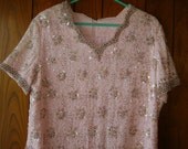 Vintage Andora Beaded Dress Pink Lace & Sequins Rayon - Size 18.5