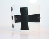 Sideways Black Metal Cross on White Patent Leather Cuff