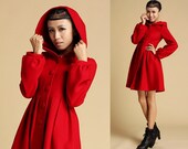 Red women's  wool hooded coat   (333)