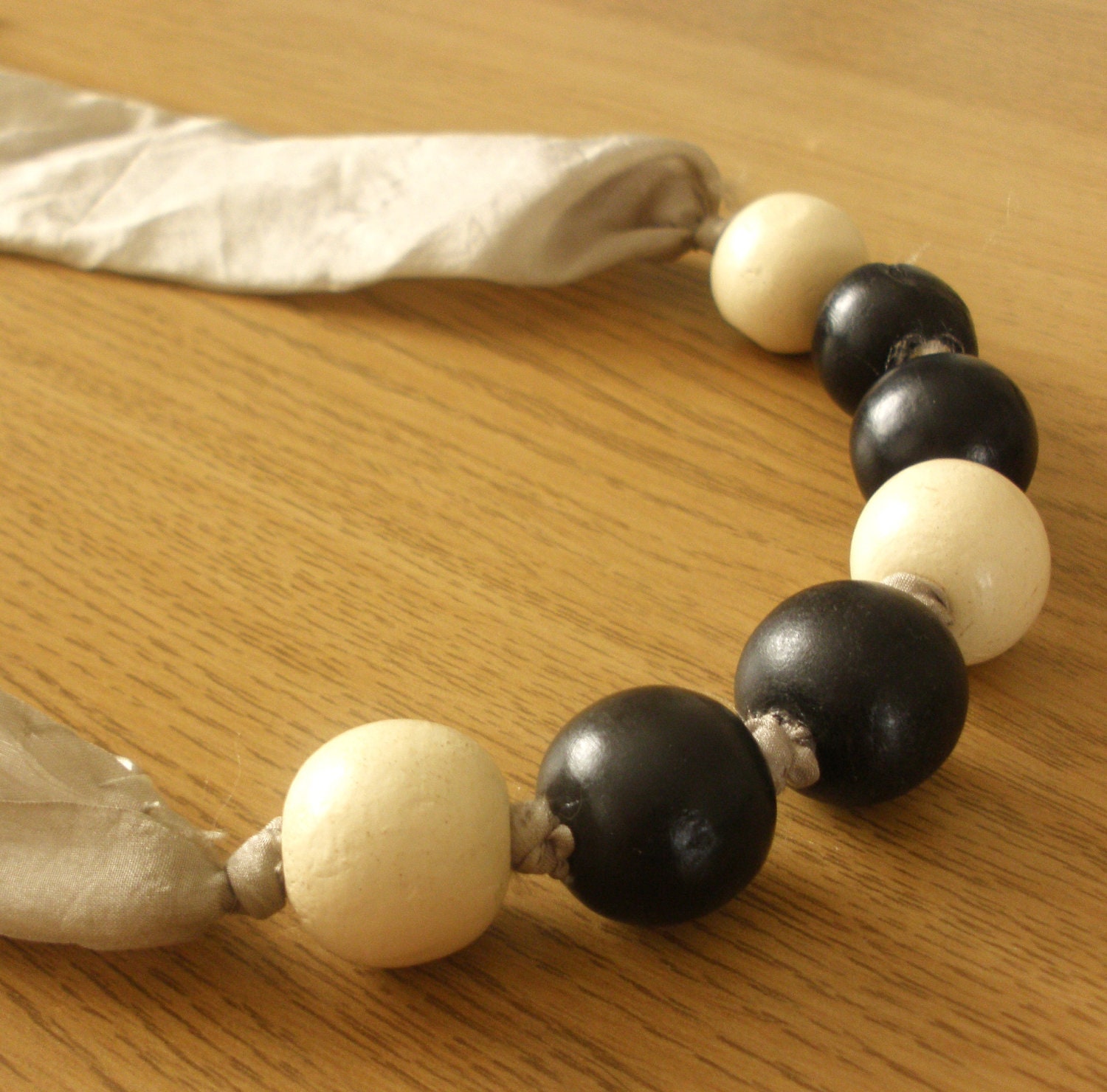 Beaded Grey Silk Scarf Necklace - Naturally Dyed Silk - Wooden Beads - Womens Organic Autumn Accessory