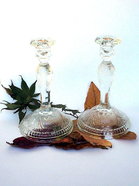 Vintage Depression Glass Candlesticks, cr. 1930s, Indiana Glass, Clear-Sandwich Pattern Discontinued RESERVE FOR Kate