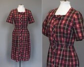 Dress Vintage 50s 60s Plaid Shirtdress 1950s 1960s Day Dress with Bow and Rhinestone Buttons S M