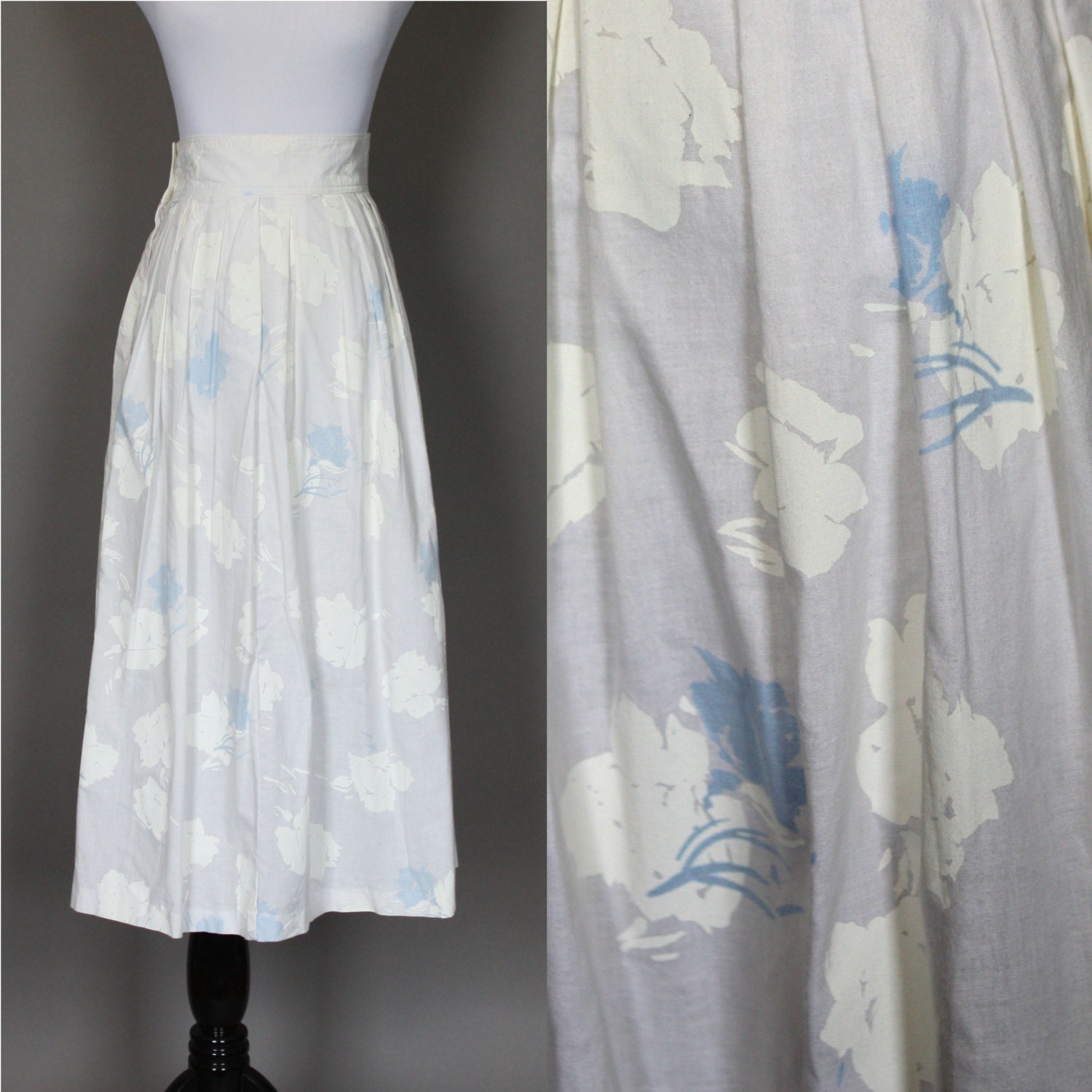 Diane von Furstenberg Skirt Vintage 80s White and Blue Floral High Waist Summer Cotton Full Pleated Skirt Small