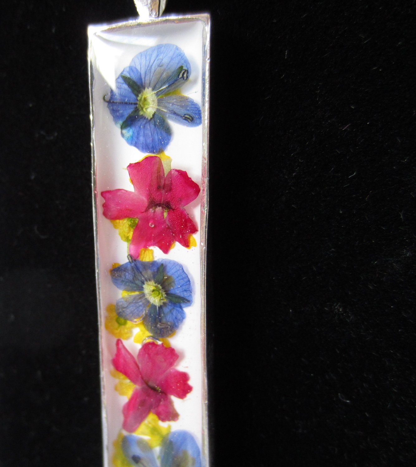 Blue and Pink, Pressed Flower  Pendant,  Real Flowers, Pewter, Resin,  (1059)