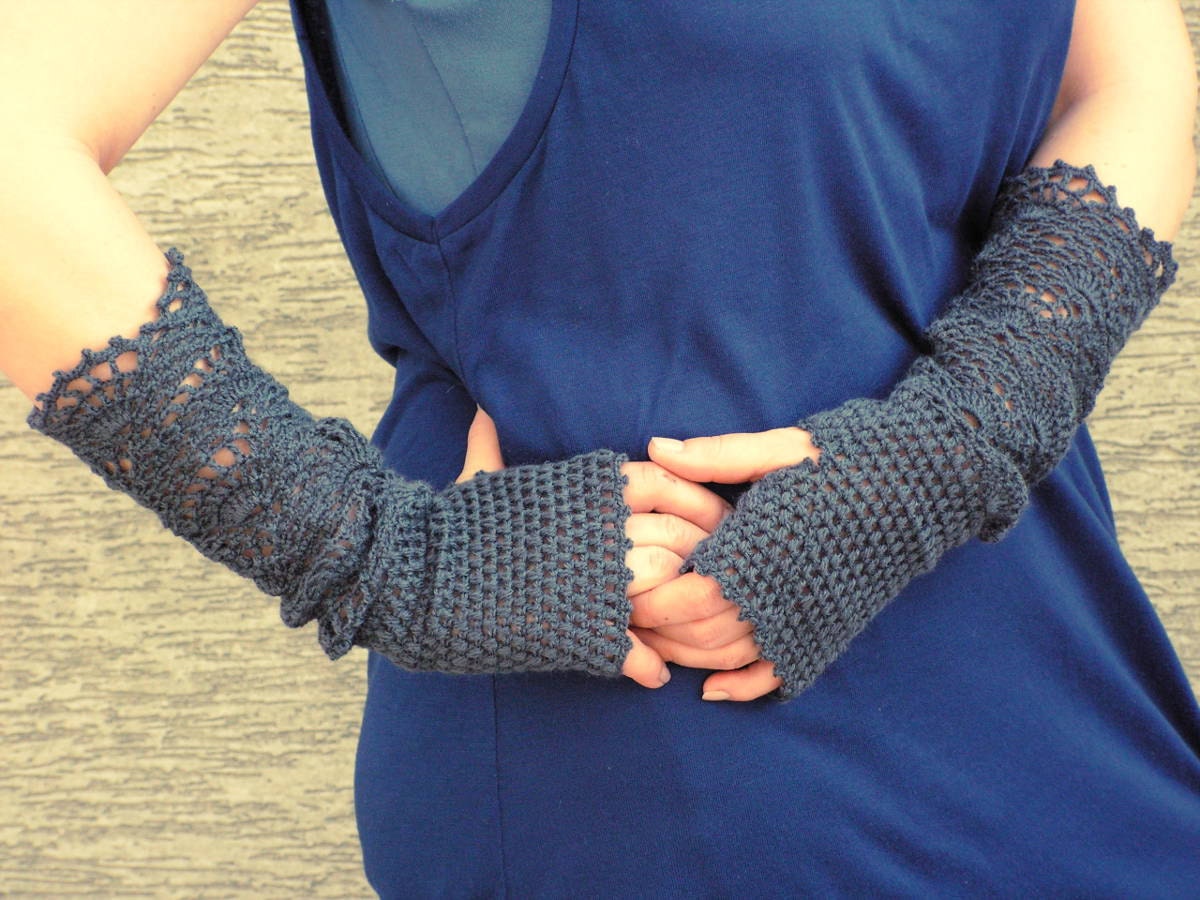 Gray Lace - crocheted open work lacy long mittens fingerless gloves dark gray graphite color