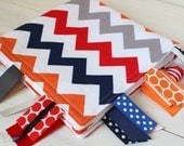 Tag Blanket - Baby Boy Blanket - Chevron Zig Zag - Gray Orange Red Navy Blue
