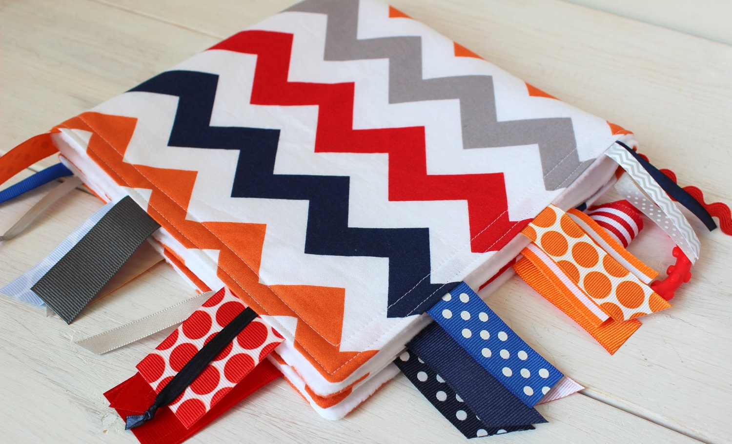 Tag Blanket - Baby Boy Blanket - Chevron Zig Zag - Gray Orange Red Navy Blue