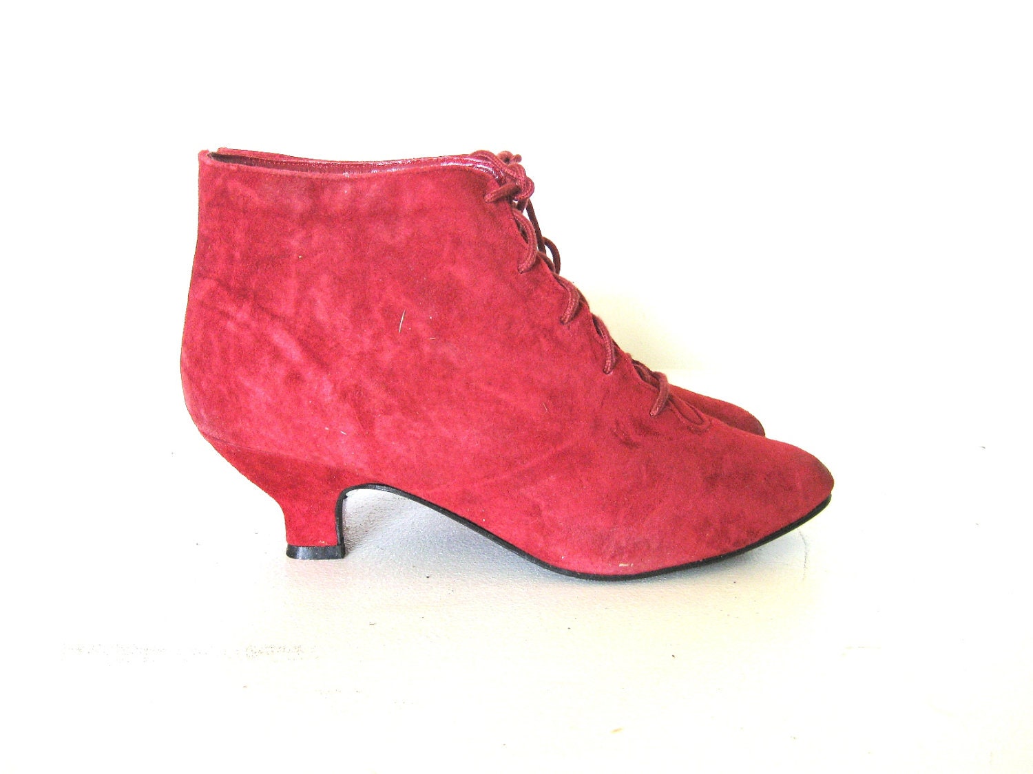 Suede Red Ankle Boots, Cherry Red Lace-up Granny Booties, Kitten Heel, 8.5