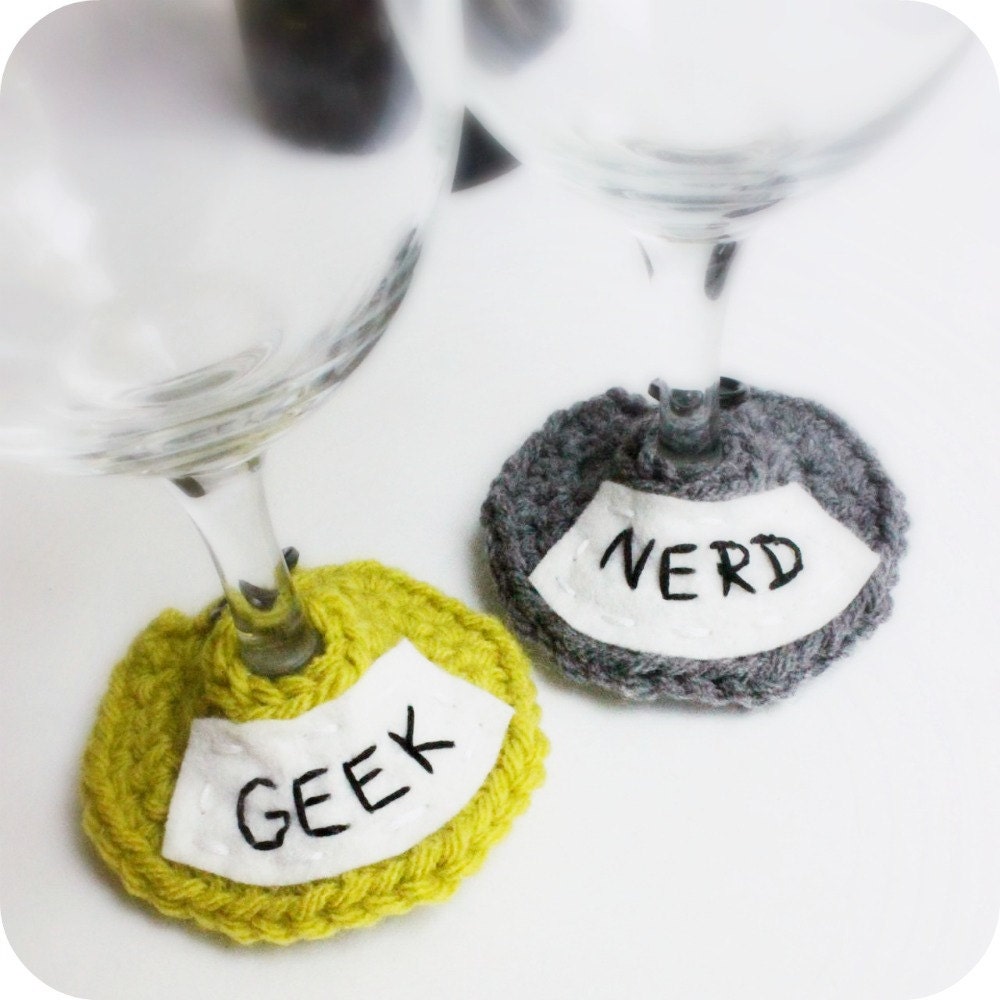 Nerd Geek Wine Cozy Marker chartreuse gray funny crochet embroidered handmade set of 2 cover