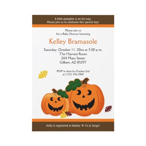Fall Pumpkin Autumn or Halloween Baby Shower Invitatons Print Your Own JPEG Digital File JPG Printable