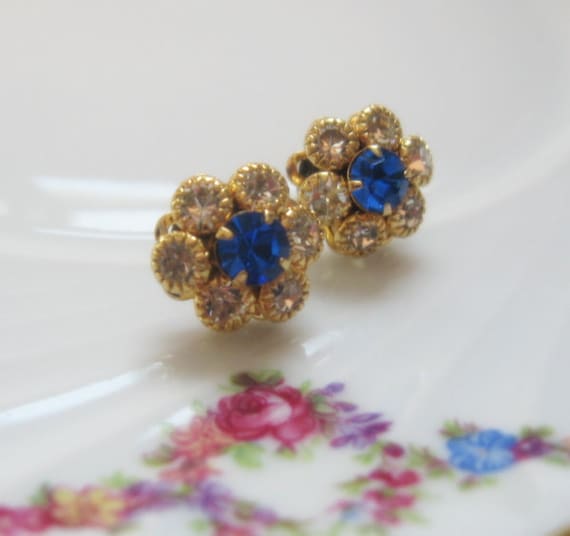 SALE - sapphire Blue Vintage Rhinestone Flower Cluster Petite Post Earrings - Mother's Day Gift