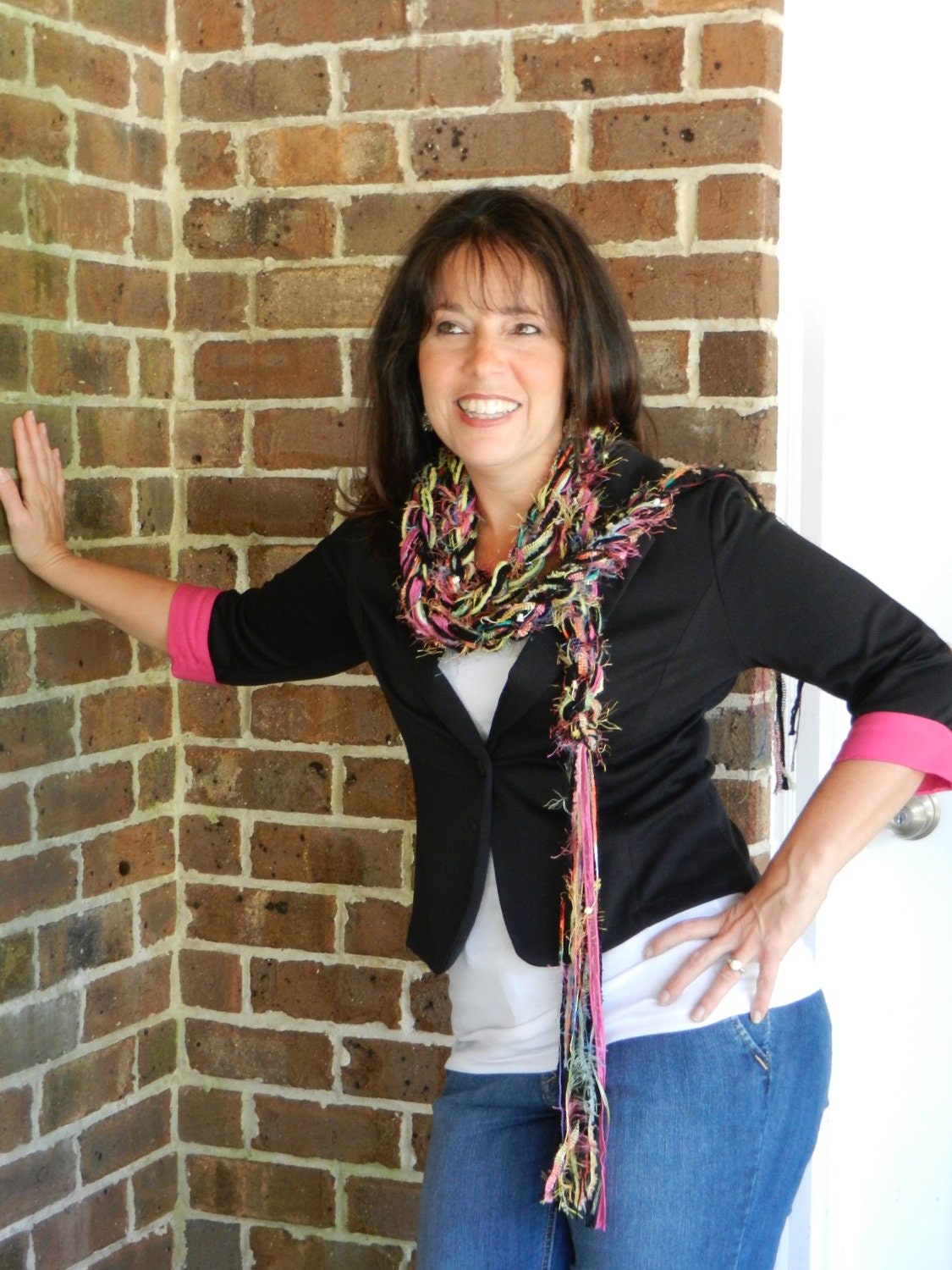 Bohemian Crochet Scarf, CONFETTI Skinny Pippy Scarf. Knitted Scarf
