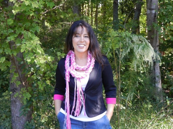 Crochet Scarf, PINK RIBBON Pippy Scarf, Handmade by Sewstacy, Womens Scarves, Photography Prop, Fringed Scarf