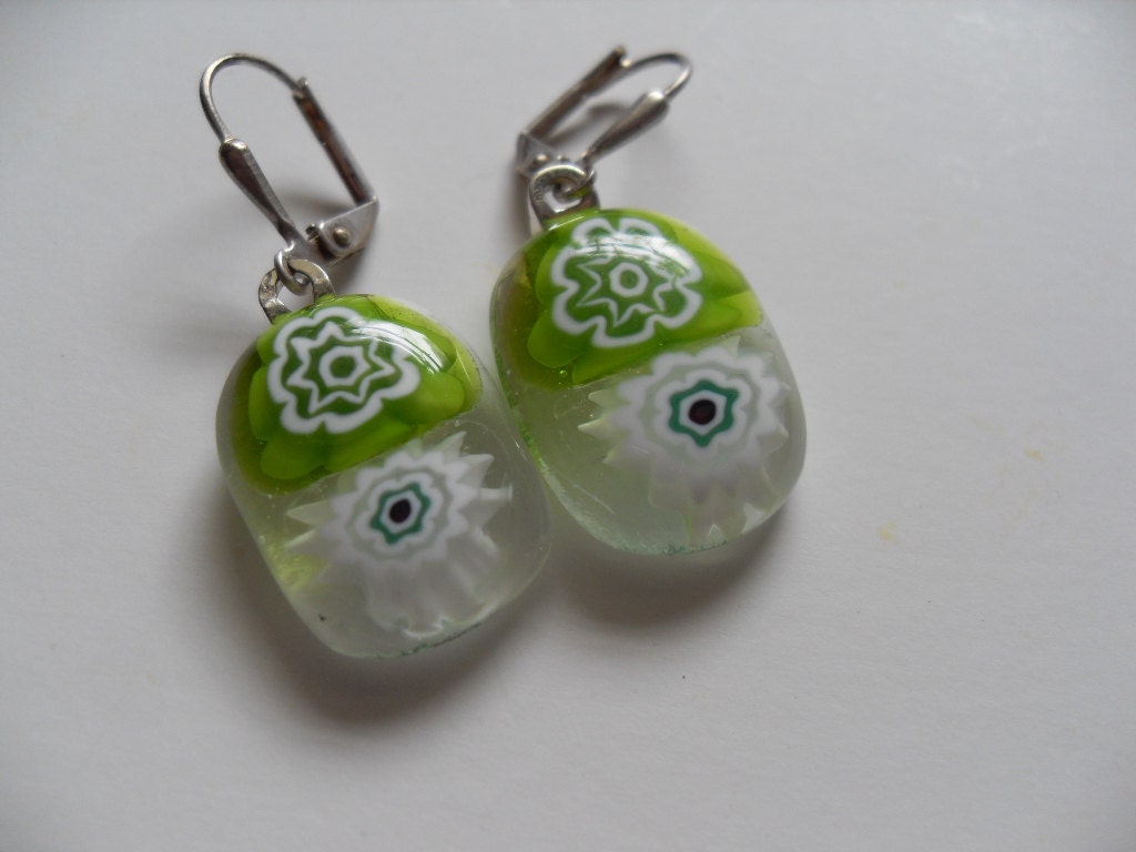 Green-white millefiori glass fused flower earrings