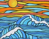 Surf Catch a Wave at Sunset Painting 24" x 24" Original acrylic painting on canvas FREE US SHIPPING