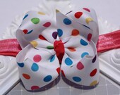Large Boutique Hair Bow with  Satin Elastic Headband - Pink Polka Dots