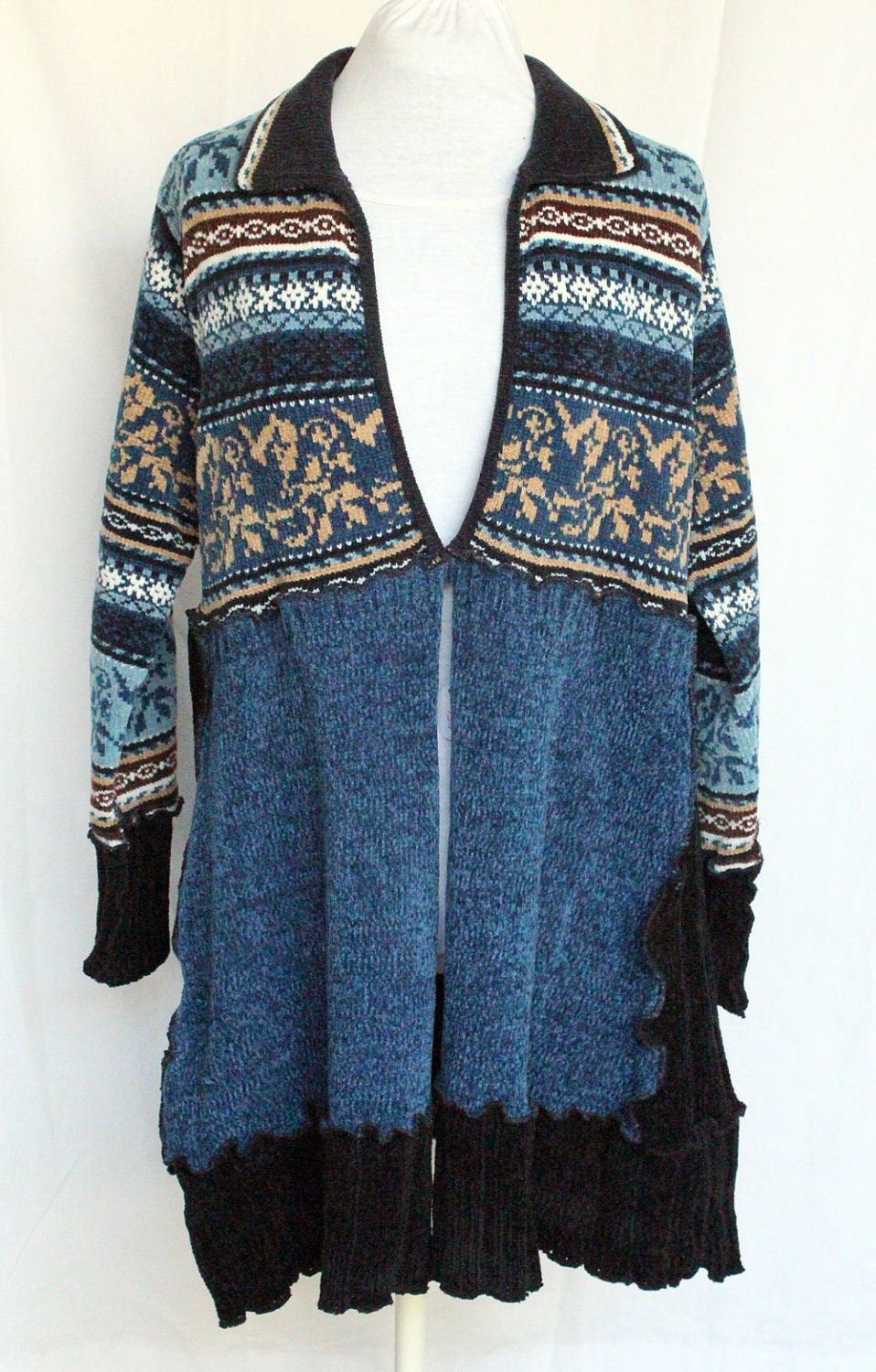 Upcycled Chenille Sweater Coat in Blue and Black - One of a Kind