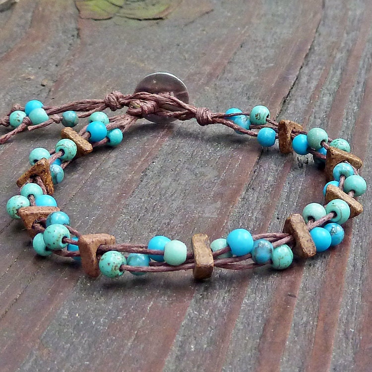 Turquoise Mosaic Bracelet - Turquoise Beads, Magnesite Beads, Brown Hemp, Multi Strand Bracelet