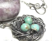 Mothers Day Bird Nest Necklace Wire Wrapped Gemstone Pendant