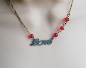 Love Necklace. Verdigris Patina Love Necklace. Red and Turquoise Necklace. Bridal Necklace. Vintage Inspired.