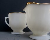 Fire King Creamer and Sugar Milk Glass Shell Pattern with Gold Trim