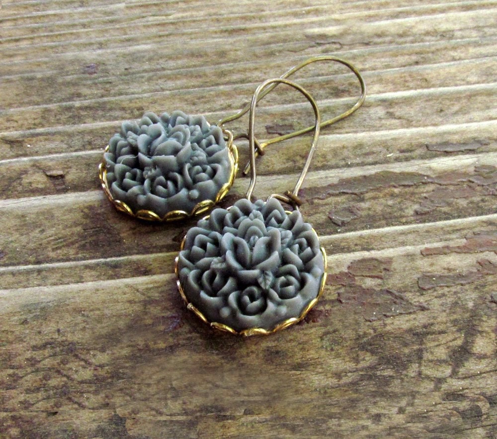 Gray Flower Earrings Grey Earrings Gray Earrings Vintage Style Earrings Autumn Rustic Dangle Earrings - Garland in Gray