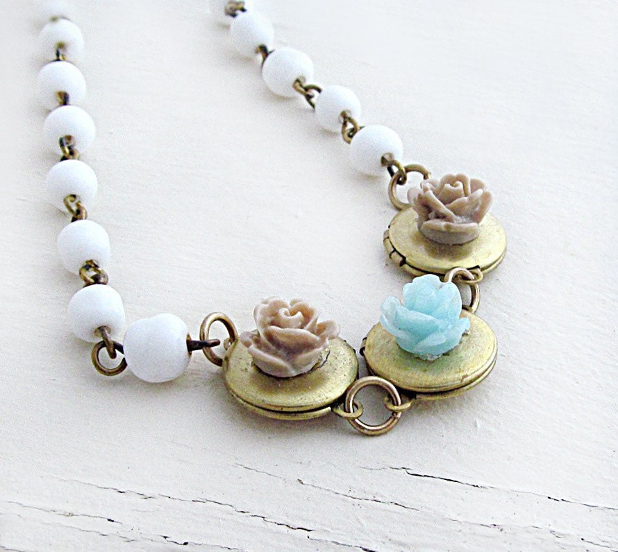 Flower Locket Necklace Mint Rose Necklace Triple Locket Necklace Family Necklace White Beaded Chain Wedding Bride - Keepsake Garden