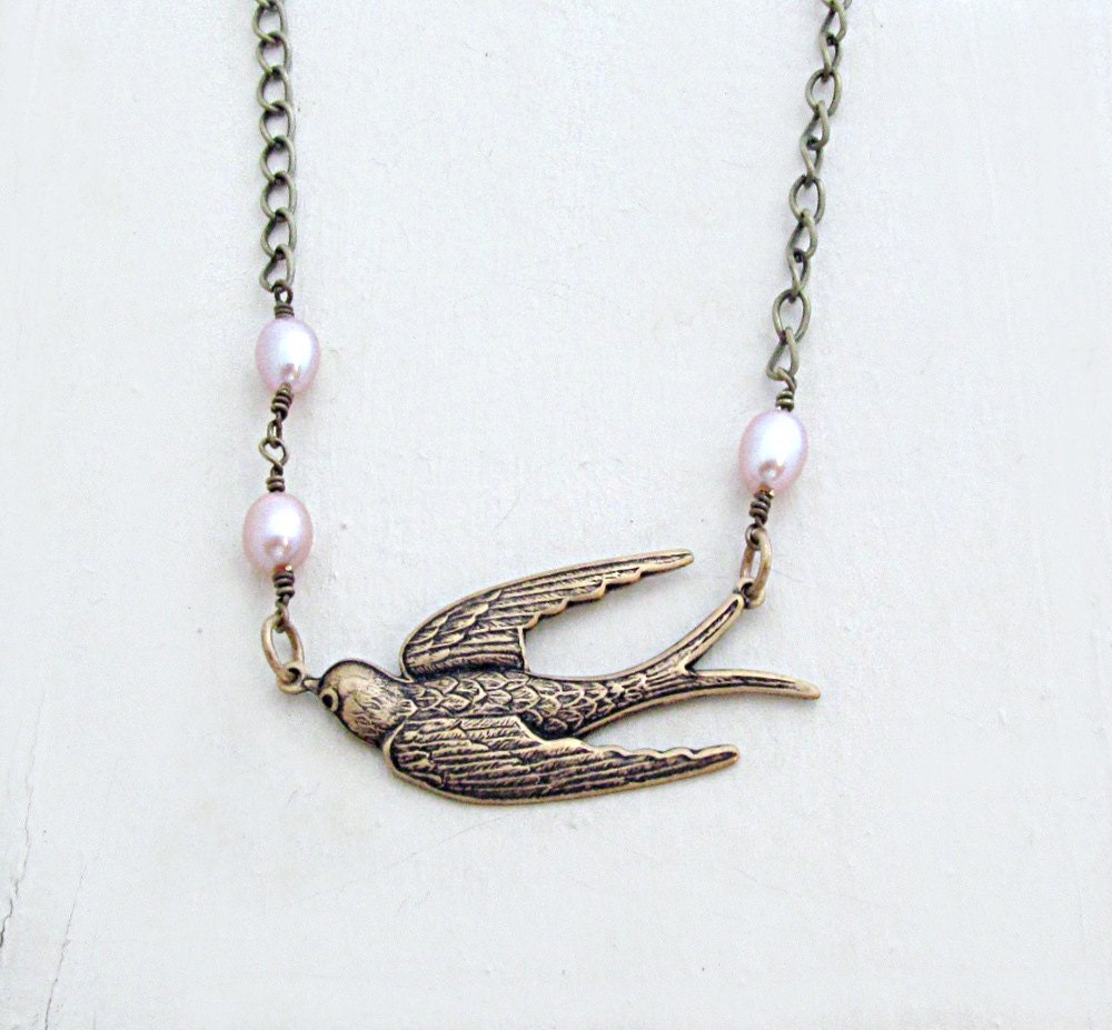 Bird and Pearl Necklace Bird Necklace Cottage Chic Pink Pearl Necklace Antique Brass Autumn Woodland - Monique